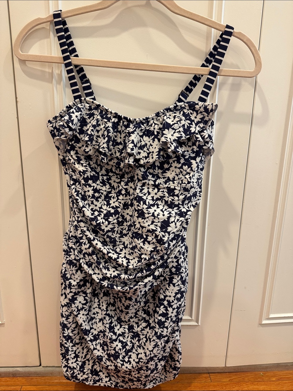 Navy and White Floral Ruffle Swimsuit Dress
